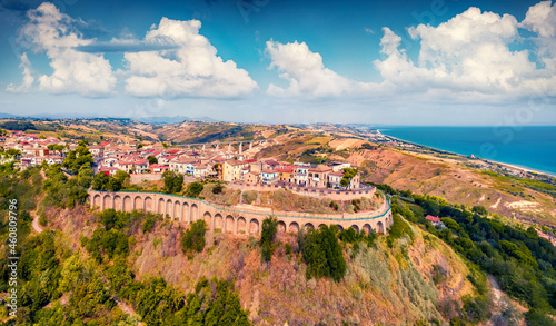 Fototapeta Naklejka Na Ścianę i Meble -  Bright summer view from flying drone Silvi Paese village. Superb morning seascape of Afriatic sea. Beautiful summer scenery..