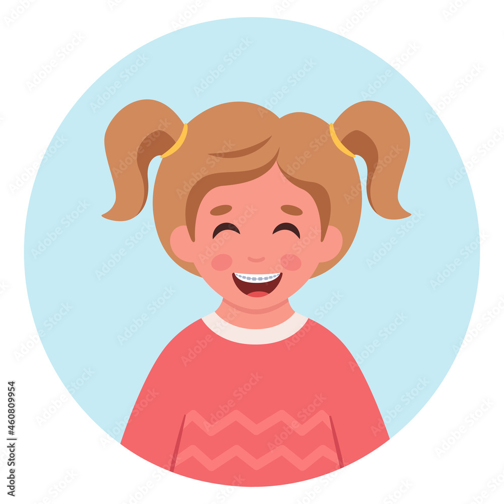 Girl with braces on teeth. Elementary school student. Vector illustration Girl with braces on teeth. Elementary school student. Vector illustration