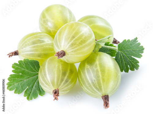 Green ripe gooseberries on white background. Close-up.