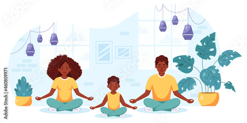 Black family doing yoga in cozy interior. Family spending time together. Vector illustration