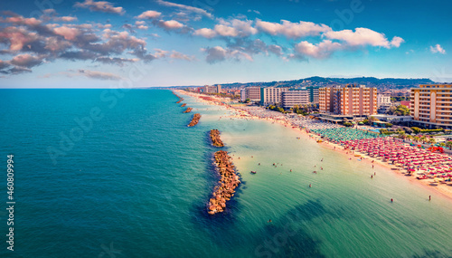 Fototapeta Naklejka Na Ścianę i Meble -  Aerial view from flying drone Montesilvano public beach. Splendid norning seascape of Adriatic sea. Breathtaking outdoor scene of Italy, Euroep. Traveling concept background..