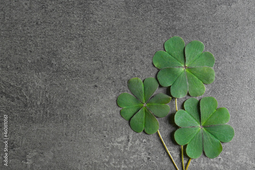 Green four leaf clover on grey table, flat lay. Space for text