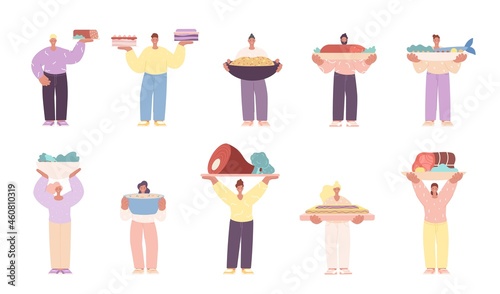 People holding food. Person with festive meal, cooking woman man. Isolated chefs, home delicious meals. Holiday dinner utter vector characters