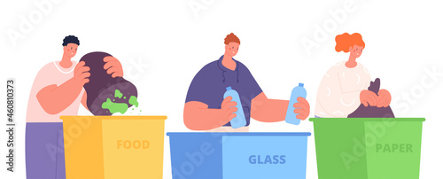 Sorting waste. Eco friendly volunteers, woman man with bags for garbage. Ecology management, trash reusing and good habit utter vector scene