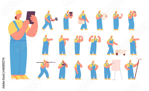 Woman builder character. Female engineer, construction worker in helmet. Building industry, architect project. Repair contractor utter vector set