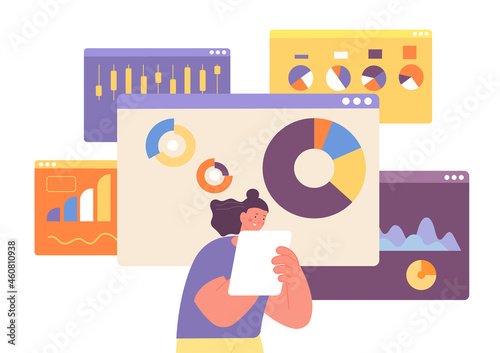 Analyze chart. Statistic data, development finance research. Woman study financial graph, chart and diagram. Digital business system utter vector scene
