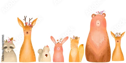 花冠を乗せた北欧風オシャレな森の動物の真正面の白バックベクターフレームのイラスト