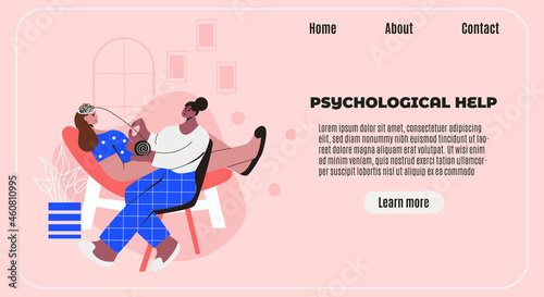 Psychotherapy counseling concept, psychological help banner. Psychologist woman unravels the thread of patient's thoughts. Treatment of depression, stress, mental problems. Flat vector illustration
