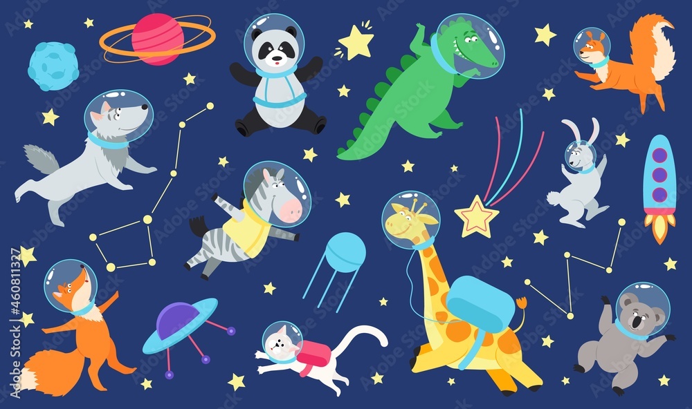 Fototapeta premium Cartoon space animals. Cute astronaut animal in costume, universe travel on spaceship. Kids stickers, children dream cosmos adventures decent vector set