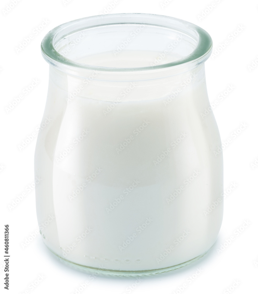Glass container with plain yoghurt isolated on white background. Glass container with plain yoghurt isolated on white background.
