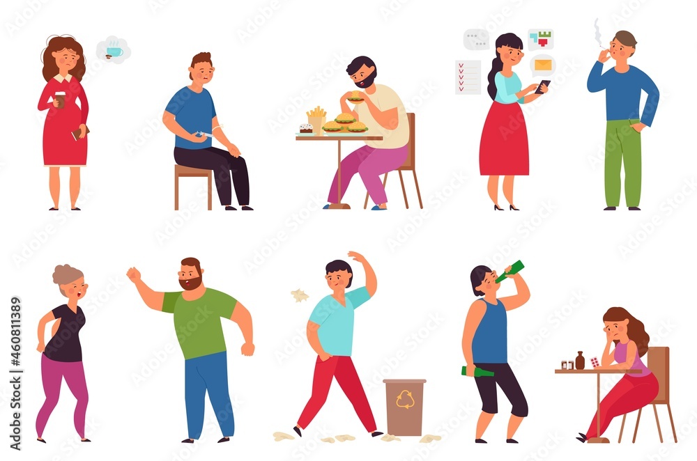 Unhealthy lifestyle. Alcohol drug addiction, overworked woman. Bad habit and medical addict, man smoke cigarette. Addictive decent vector characters