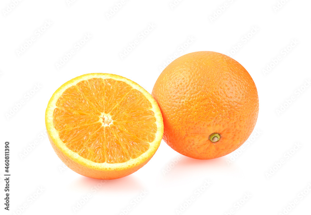 Orange fruit. Orange slice half and one segment on white background. Orange fruit. Orange slice half and one segment on white background.