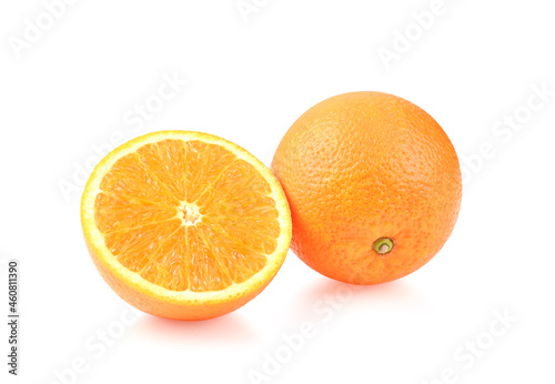 Orange fruit. Orange slice half and one segment on white background.