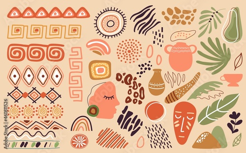 African abstract elements. Freehand doodle nature shapes, decorative ornaments. Modern ethnic borders, bohemian mexican style decent vector set