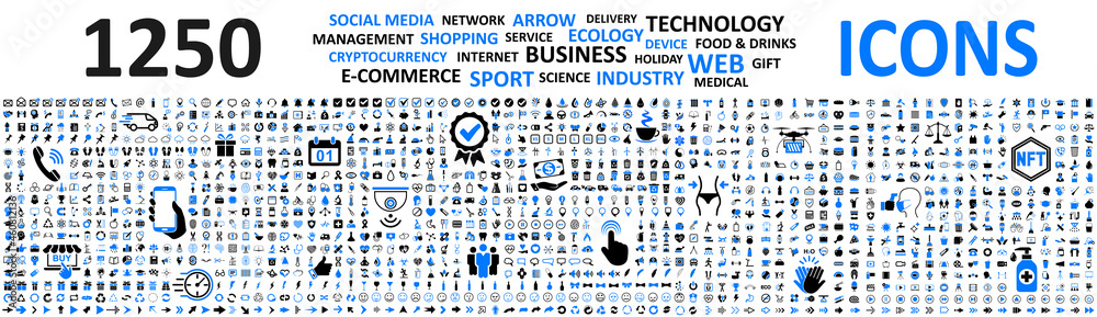 Big set 1250 icons: business, shopping, device, technology, medical, ecology, crypto, e-commerce, social media, management, arrow, food & drink and many more for any cases of life using – vector - obrazy, fototapety, plakaty 