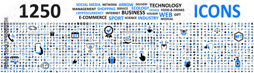 Big set 1250 icons: business, shopping, device, technology, medical, ecology, crypto, e-commerce, social media, management, arrow, food & drink and many more for any cases of life using – vector