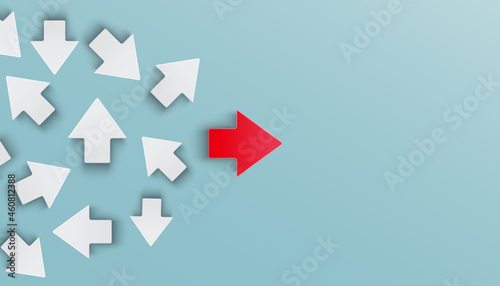 Leadership success business concept, many arrows pointing in different directions with arrows in the middle forming straight path. Plan, courage, career, new thinking, solution, creative decision.