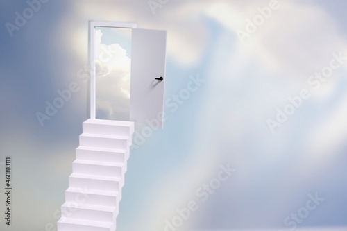 Steps to Heaven with open door. 3D render illustration.