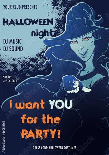 Beautiful young girl cosplaying witch in cloak and hat pointing out with her finger. Moonlit night Halloween party flyer template. EPS10 Vector illustration.