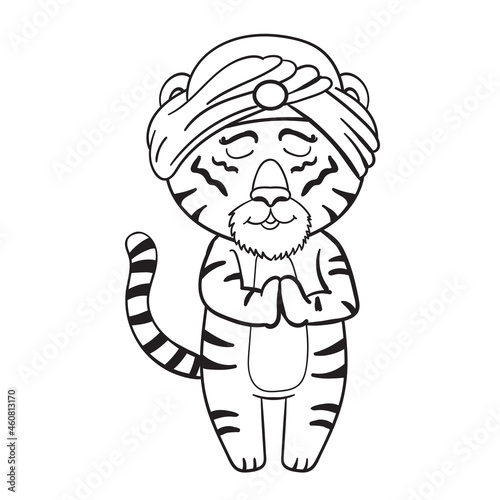 Cute Cartoon Indian Tiger, Predator Relax Yoga, Chinese Happy New Year 2022. Vector Cartoon Illustration Coloring Page