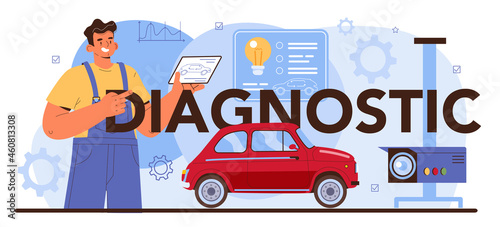 Diagnostic typographic header. Automobile repair service. Car