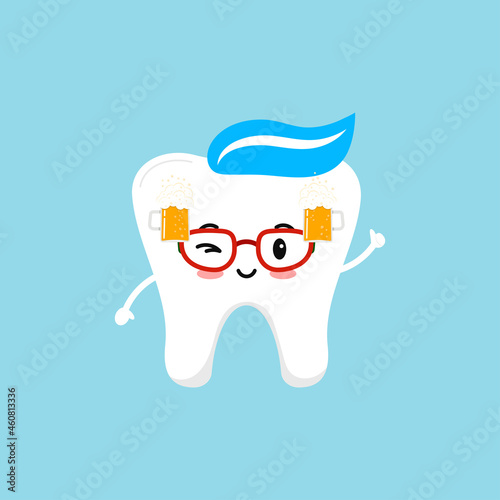 Octoberfest teeth with beer on eyeglasses icon isolated. Dentist cute white tooth with beer on photo booth props. Flat design cartoon vector clip art illustration.