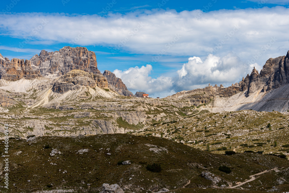 Sexteen Dolomites from Tre Cime di Lavaredo. Mountain Peak of Sasso di Sesto, Torre di Toblin, Punta Tre Scarperi, Monte Paterno or Paternkofel. UNESCO world heritage site, Trentino-Alto Adige, Italy.