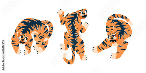3 stylized Chinese tigers set. Oriental style tigers falls on, defenses, rebuts. Hand-drawn vector illustration.