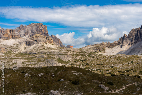 Sexteen Dolomites from Tre Cime di Lavaredo. Mountain Peak of Sasso di Sesto, Torre di Toblin, Punta Tre Scarperi, Monte Paterno or Paternkofel. UNESCO world heritage site, Trentino-Alto Adige, Italy.