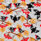 
Winter seamless pattern with birds, red berries, yellow leaves and snow.Hand drawn decorative elements are randomly arranged.Flat cartoon illustration.Vector template for fabric design.