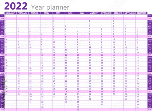 The planner for 2022. Calendar on one page, on a white background in purple tones. Vector template.