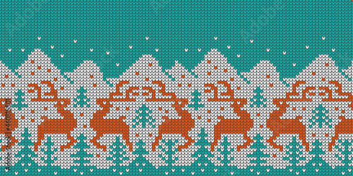 Norway Festive Sweater Fairisle Design.Seamless Knitting Pattern with  deer, trees and mountains.Knit geometric ornament with emply place for text.Knitted textured background.