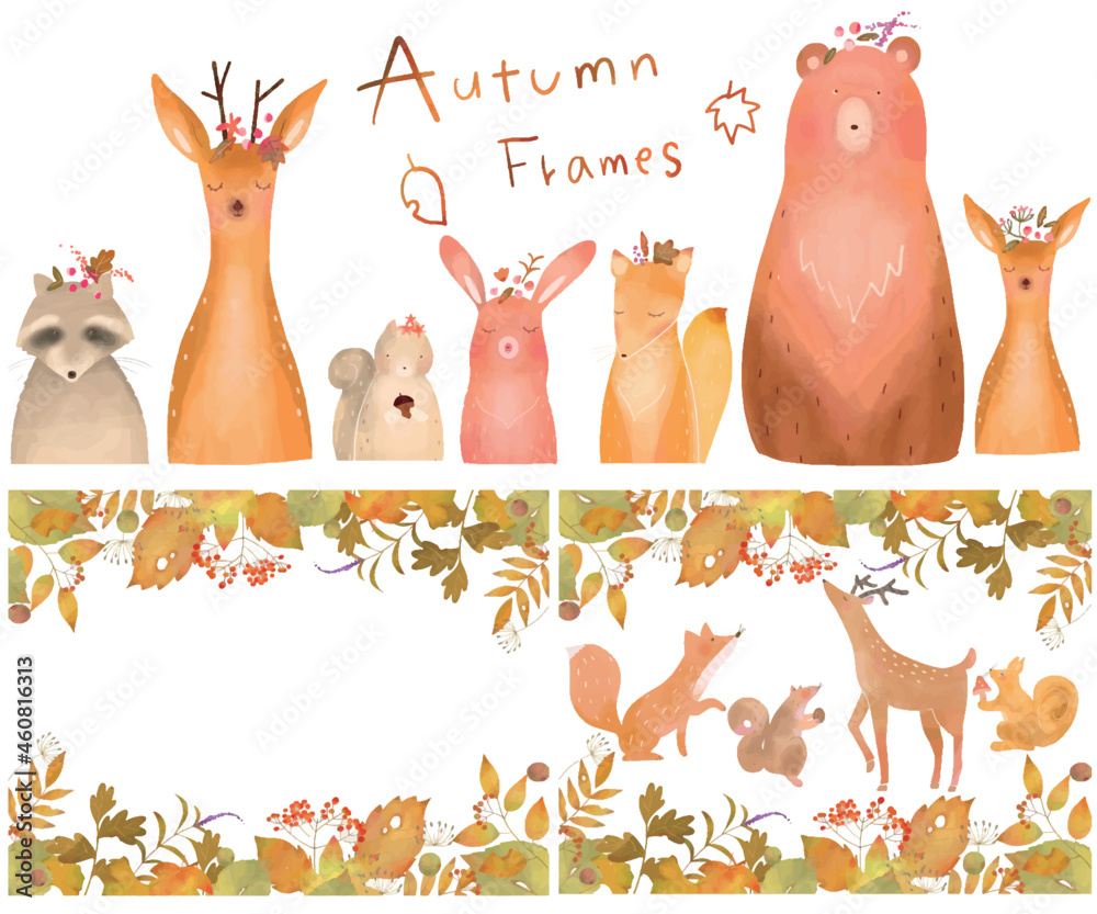 北欧風オシャレな秋の植物や森の動物の白バックベクターフレームのイラスト Stock Vector Adobe Stock