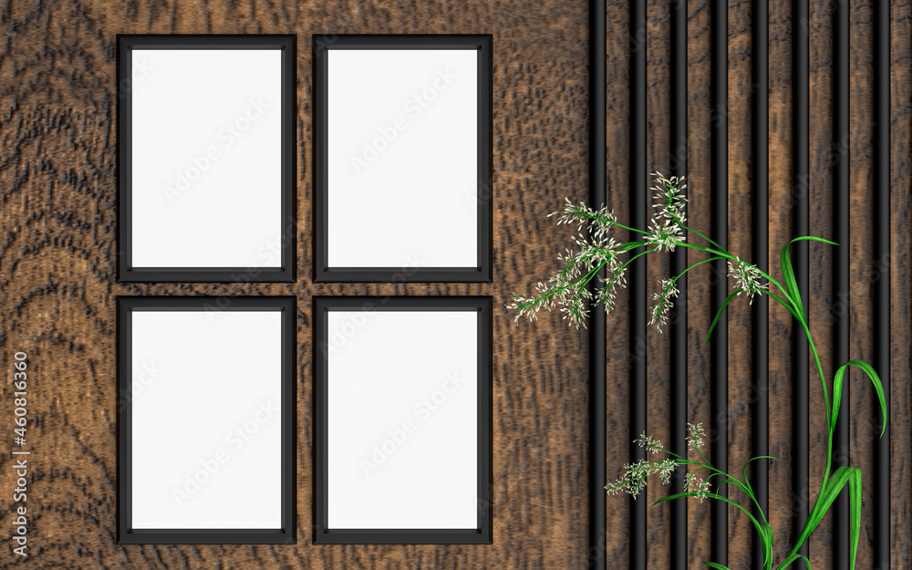 wood look luxury A4 size vertical photo frame mockup background with green  leaves 3d rendering Stock-Illustration | Adobe Stock