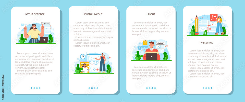 Layout designer mobile application banner set. Magazine or newspaper Layout designer mobile application banner set. Magazine or newspaper