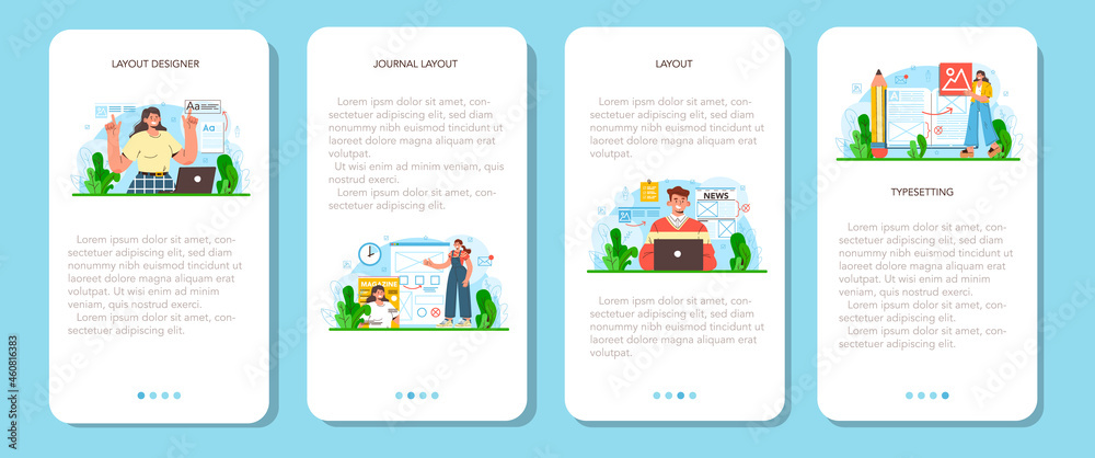 Layout designer mobile application banner set. Magazine or newspaper