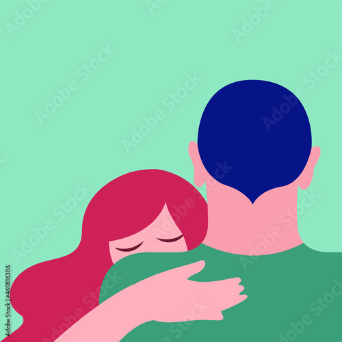 vector flat design stylized illustration of couple in love - two people hugging in trendy color palette. the illustration can be used as a card for Valentine's Day or International Hug Day, print, web