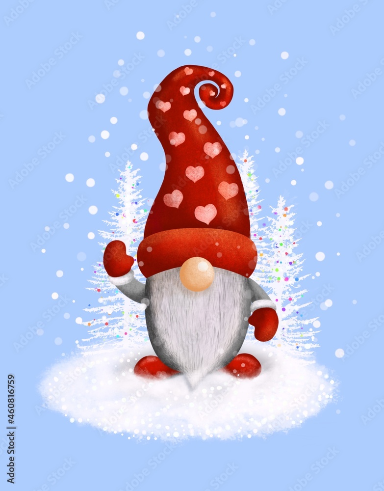 Illustration of a Christmas gnome on a background of a snowy forest for a  postcard banner, textiles, decor. Scandinavian Nordic Gnome, Cute Christmas  Santa Gnome Elf. Stock Illustration | Adobe Stock