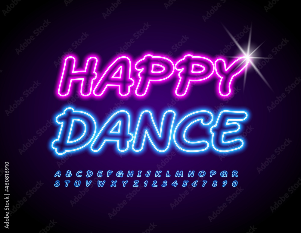 Vector Neon Banner Happy Dance. Glowing blue Font. Bright Artistic Alphabet Letters and Numbers set