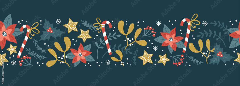 Lovely hand drawn Christmas seamless pattern, cute greenery, flowers and snowflakes, great for textiles, wrapping, banners, wallpapers - vector design - obrazy, fototapety, plakaty 