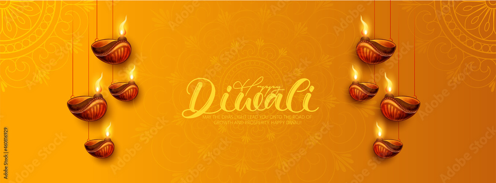 Happy Diwali With Illuminated Oil Lamps On Glossy  Background For Happy Diwali Celebration - obrazy, fototapety, plakaty 