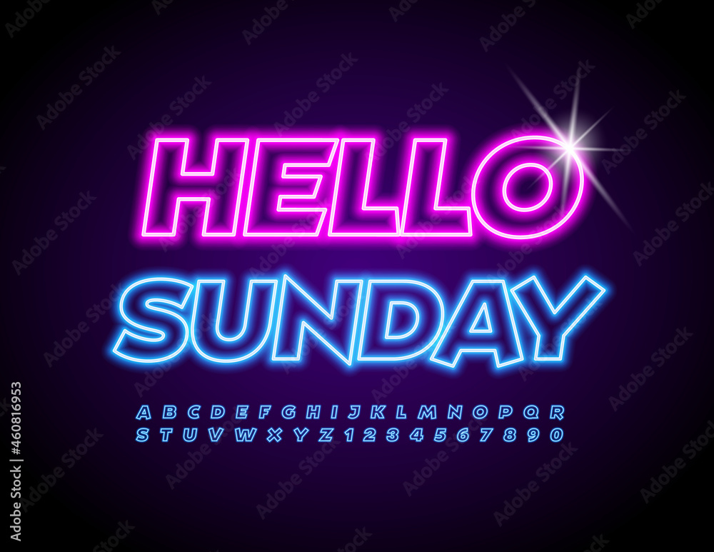 Vector Neon Poster Hello Sunday. Electric Blue Font. Trendy Glowing Alphabet Letters and Numbers