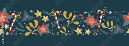 Lovely hand drawn Christmas seamless pattern, cute greenery, flowers and snowflakes, great for textiles, wrapping, banners, wallpapers - vector design