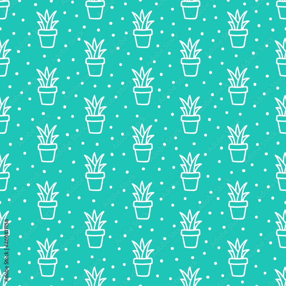 Blue seamless pattern with hand drawn succulents