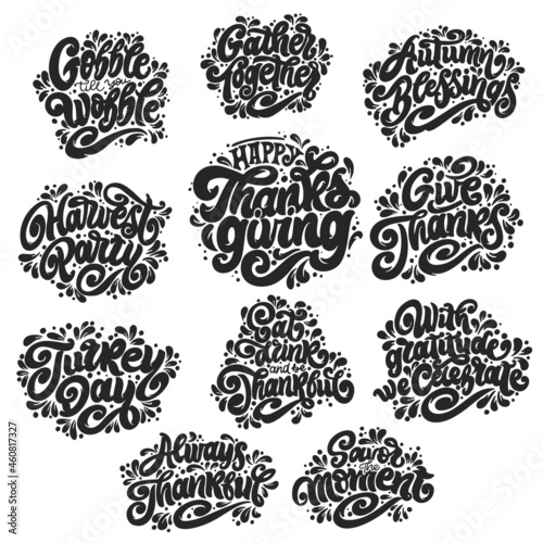 Thanksgiving Day stickers. Handwritten lettering. Vector text. Sticker, poster, logo. Design template celebration.