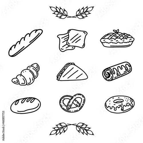 Set of isolated doodle elements. Bakery products. Ears of wheat. Icons: loaf, French baguette, croissant, pie, toast, pretzel and roll. Black and white image of food.