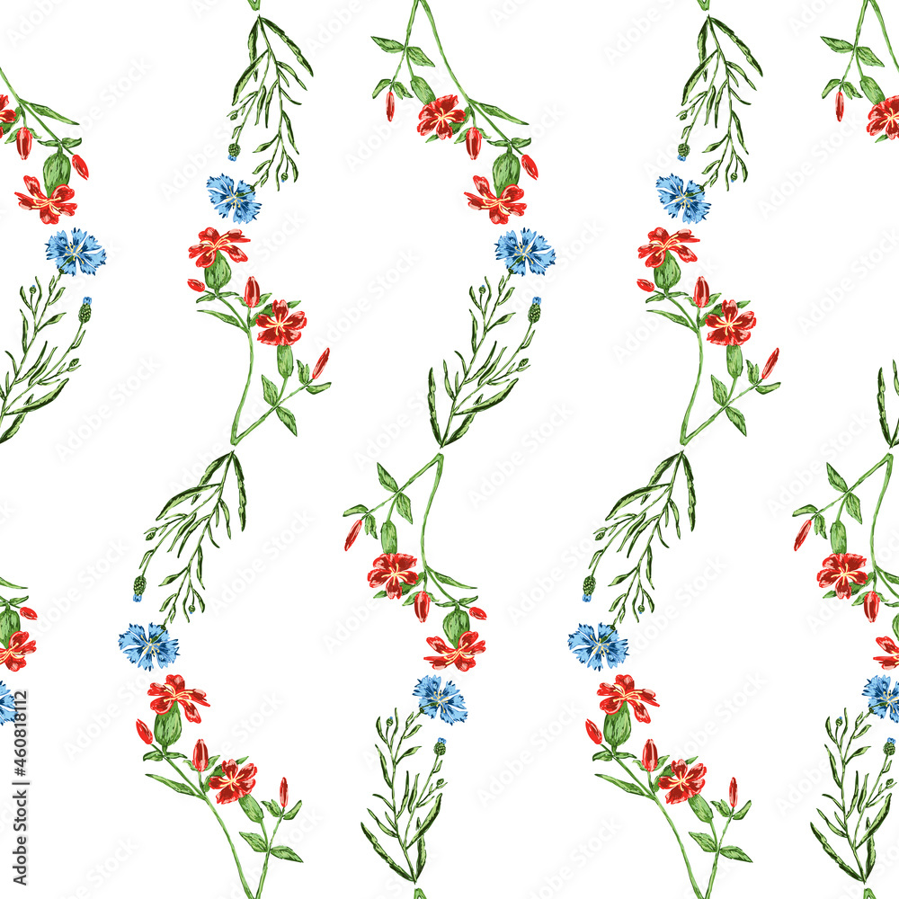 Seamless pattern from drawn blue cornflowers and red daisies