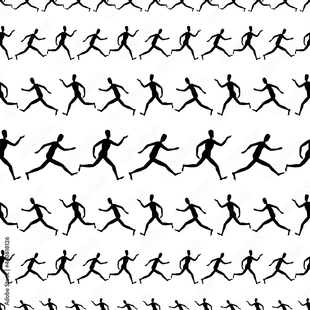 Seamless pattern of silhouettes abstract human figures running in rows