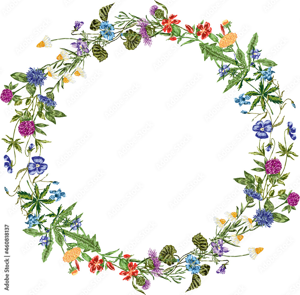 Vector image of flowering summer wreath from various drawn wildflowers