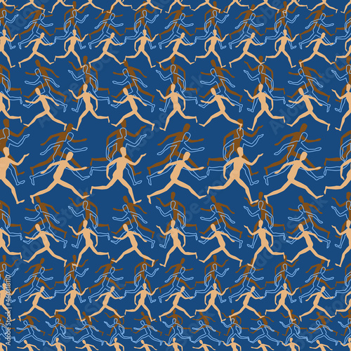 Seamless background of silhouettes abstract human figures running in rows